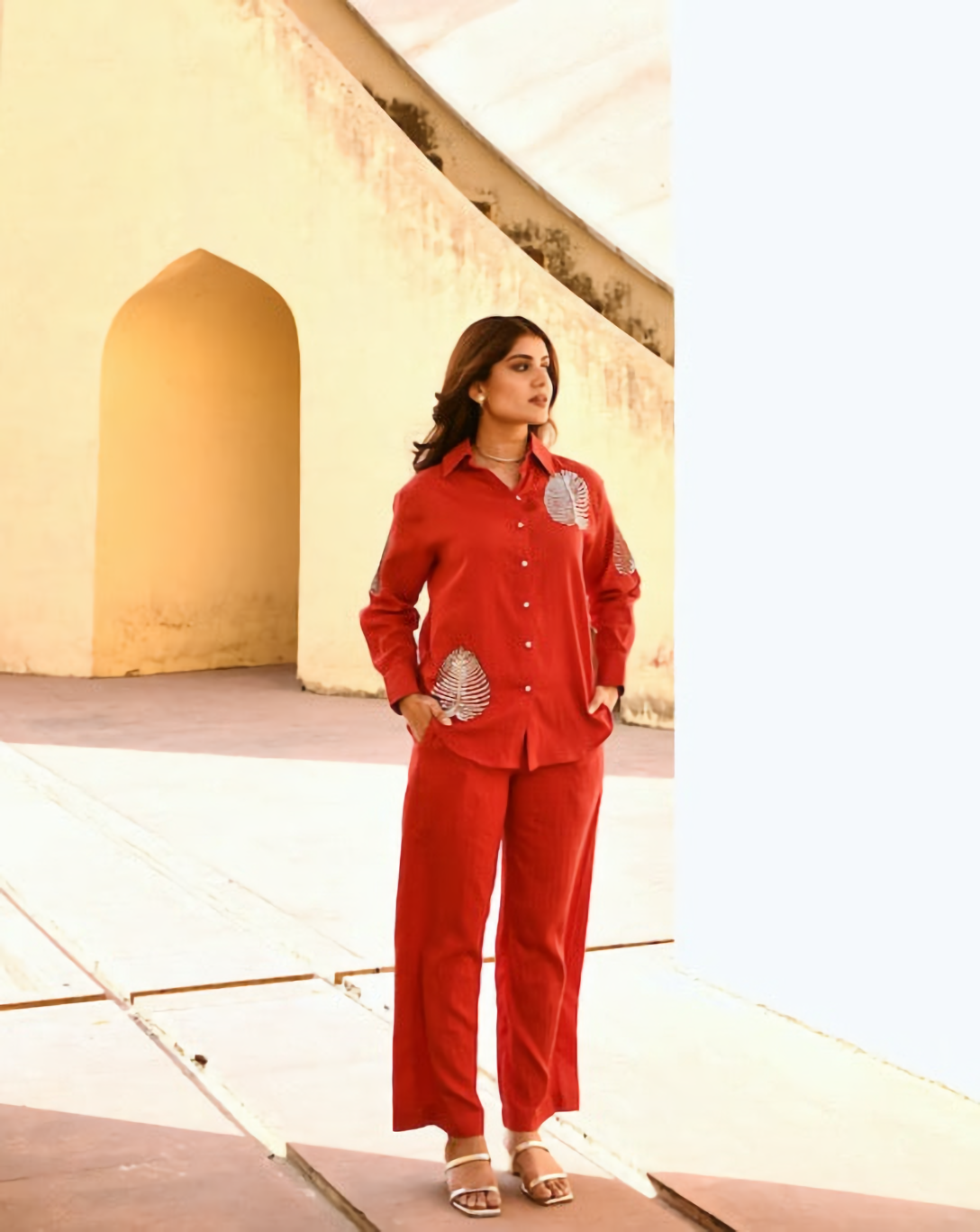 Red Embroidered Italian Silk Shirt with Pants Co-ord Set (Set of 2)