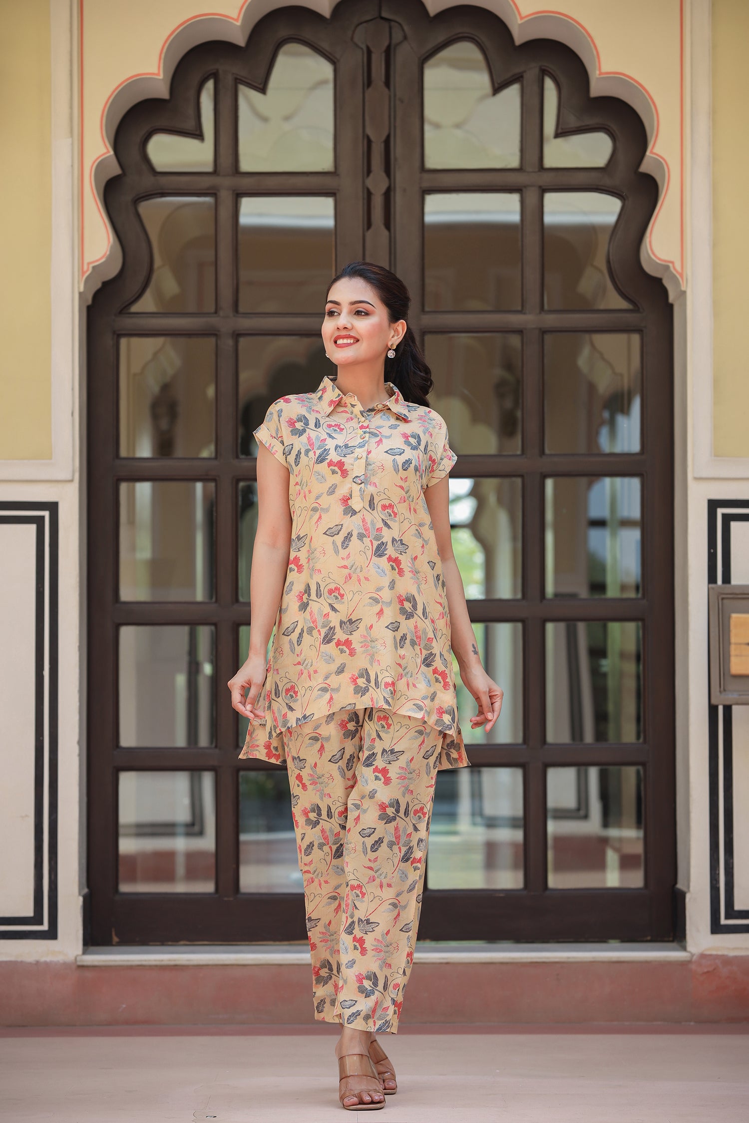 Beige Floral Printed Cotton Co-Ord Set