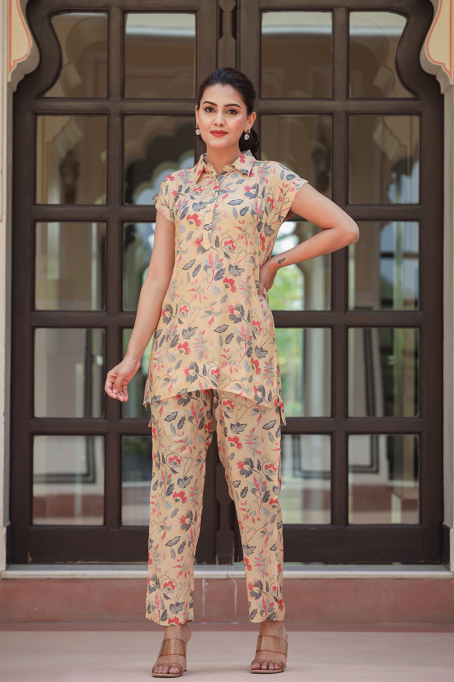 Beige Floral Printed Cotton Co-Ord Set