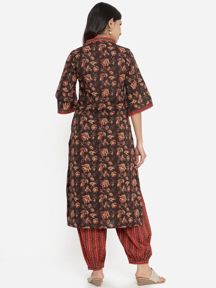 Brown Ethnic Motifs Printed Regular Pure Cotton Kurta with Salwar - Daabu Jaipur