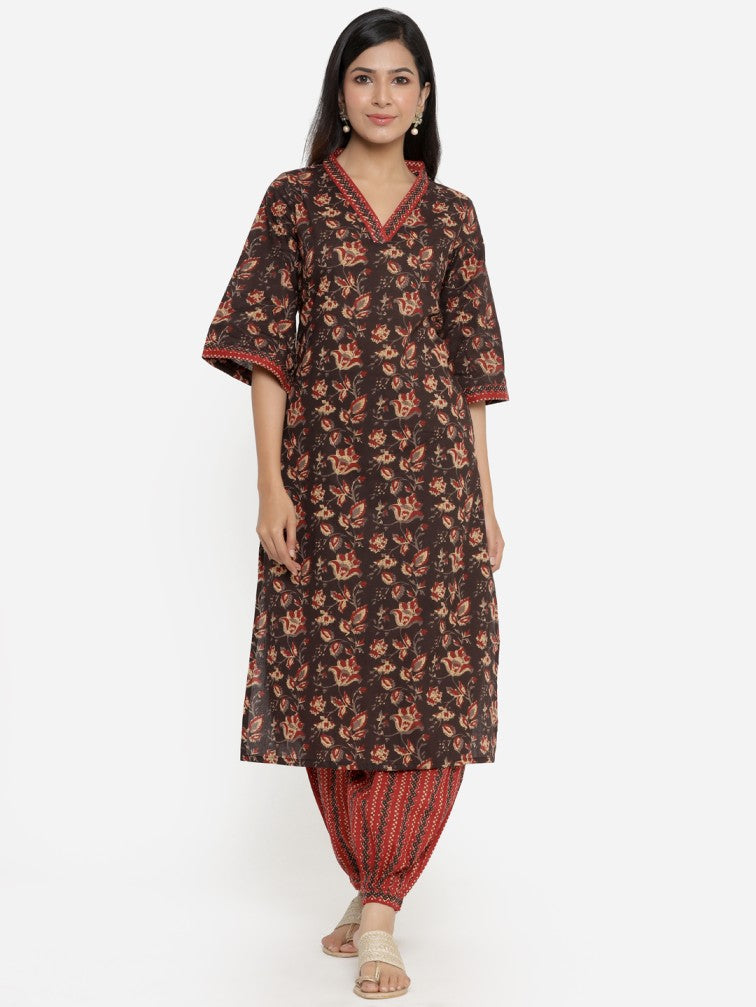 Brown Ethnic Motifs Printed Regular Pure Cotton Kurta with Salwar - Daabu Jaipur