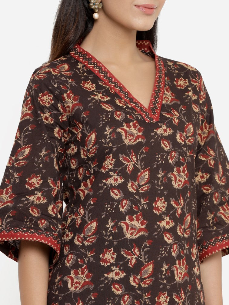 Brown Ethnic Motifs Printed Regular Pure Cotton Kurta with Salwar - Daabu Jaipur