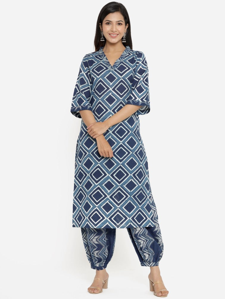 Blue & White Printed Pure Cotton Kurta with Salwar - Daabu Jaipur