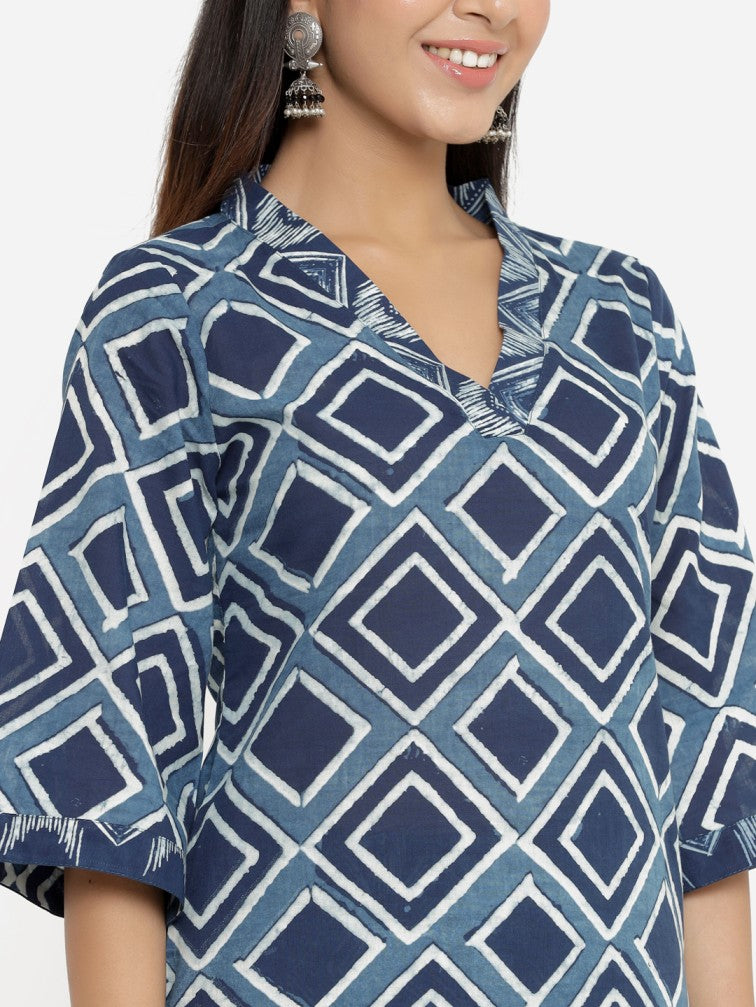 Blue & White Printed Pure Cotton Kurta with Salwar - Daabu Jaipur