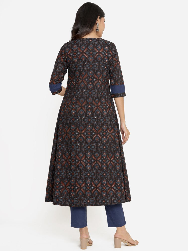 Black & Blue Ethnic Motifs Printed Pure Cotton Kurta with Trousers - Daabu Jaipur