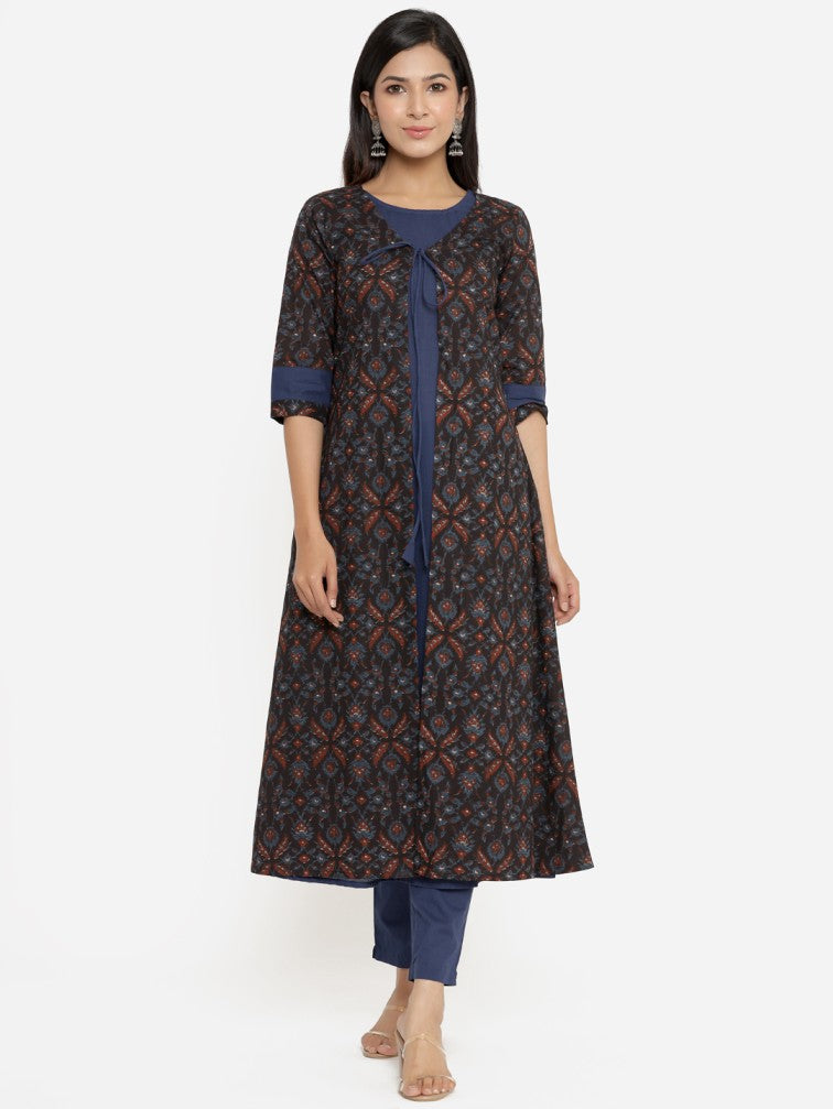 Black & Blue Ethnic Motifs Printed Pure Cotton Kurta with Trousers - Daabu Jaipur