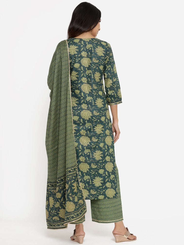 Green Floral Printed Regular Pure Cotton Kurta With Trousers & Dupatta - Daabu Jaipur