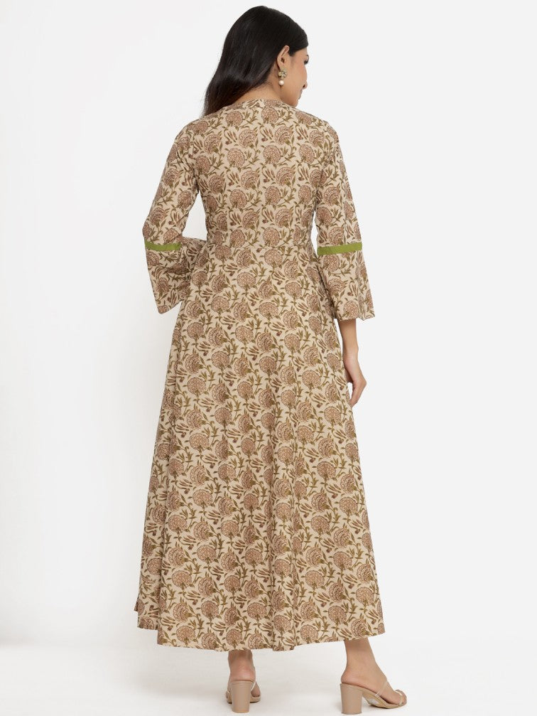 Beige Ethnic Motifs Printed Flared Sleeves Pure Cotton Anarkali Kurta - Daabu Jaipur