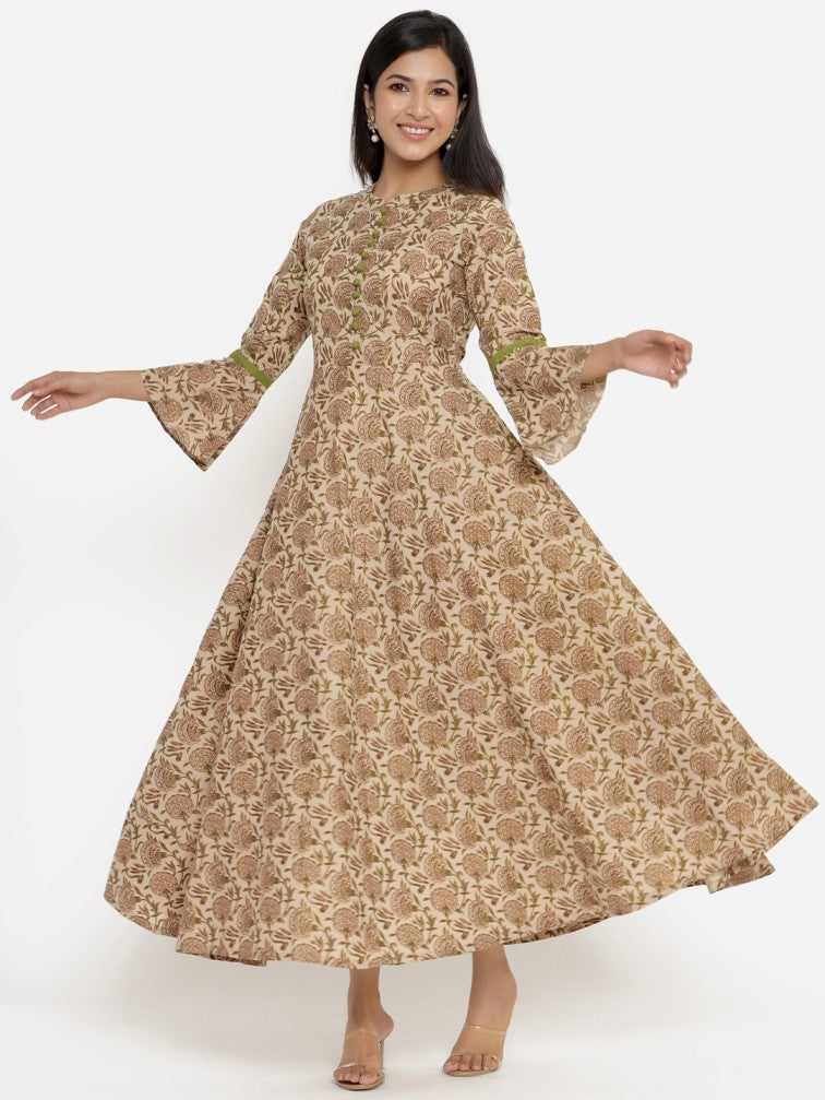 Beige Ethnic Motifs Printed Flared Sleeves Pure Cotton Anarkali Kurta - Daabu Jaipur