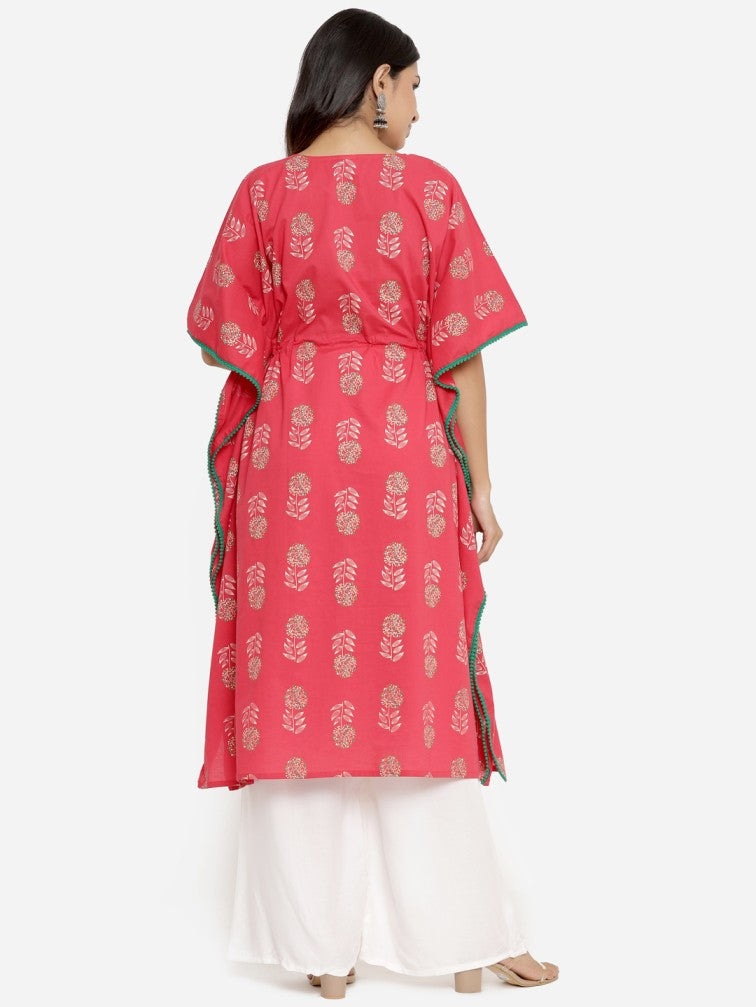 Red Floral Printed Extended Sleeves Kaftan Kurta - Daabu Jaipur