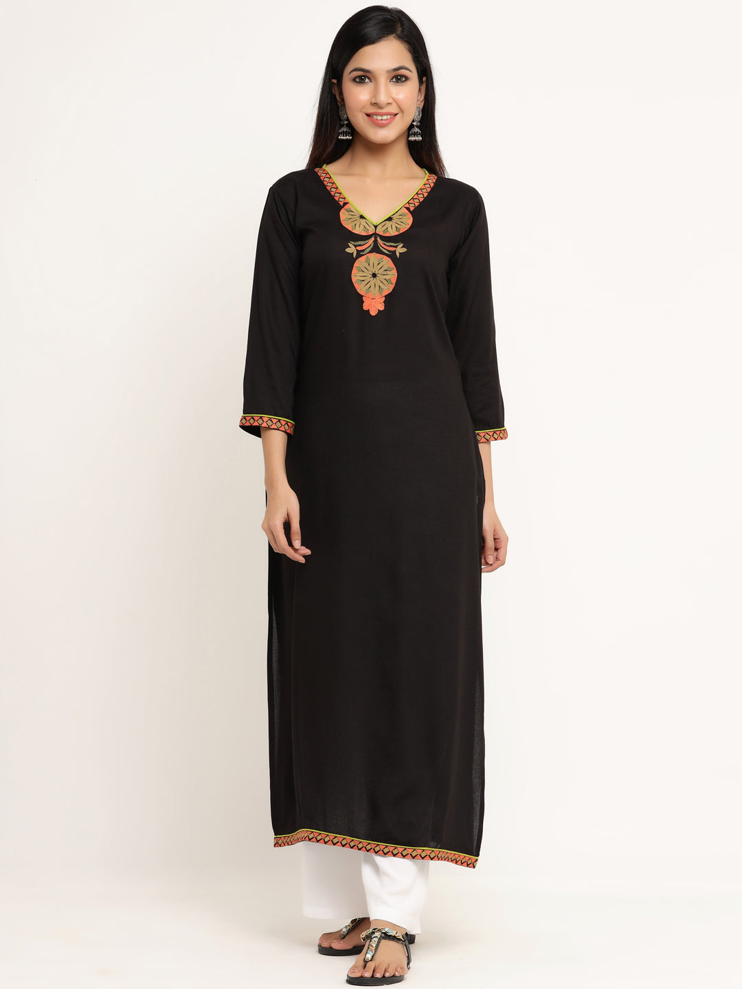 Black Rayon Embroidered Straight Kurti