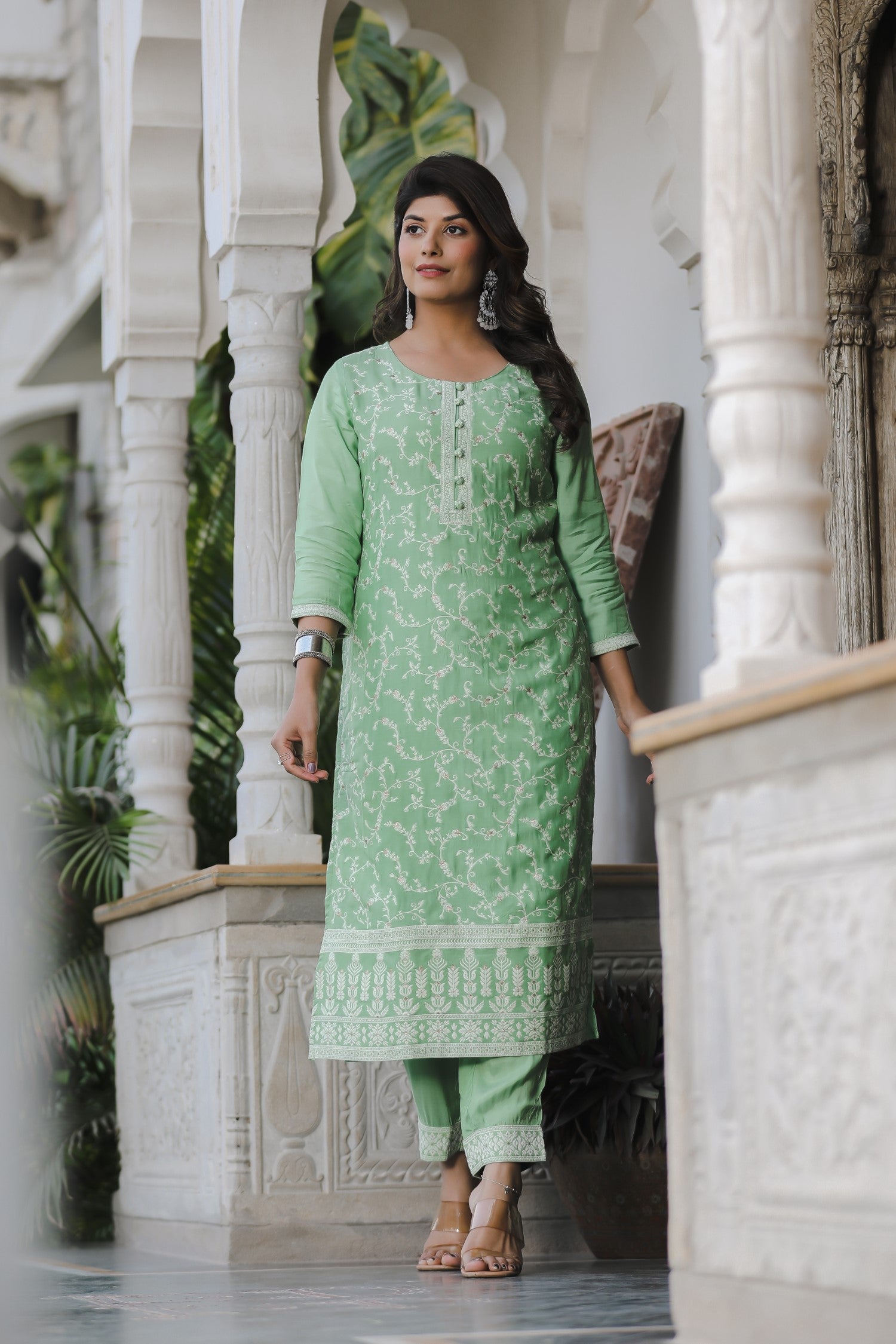 Seafom Green Banarasi Silk Kurta Set