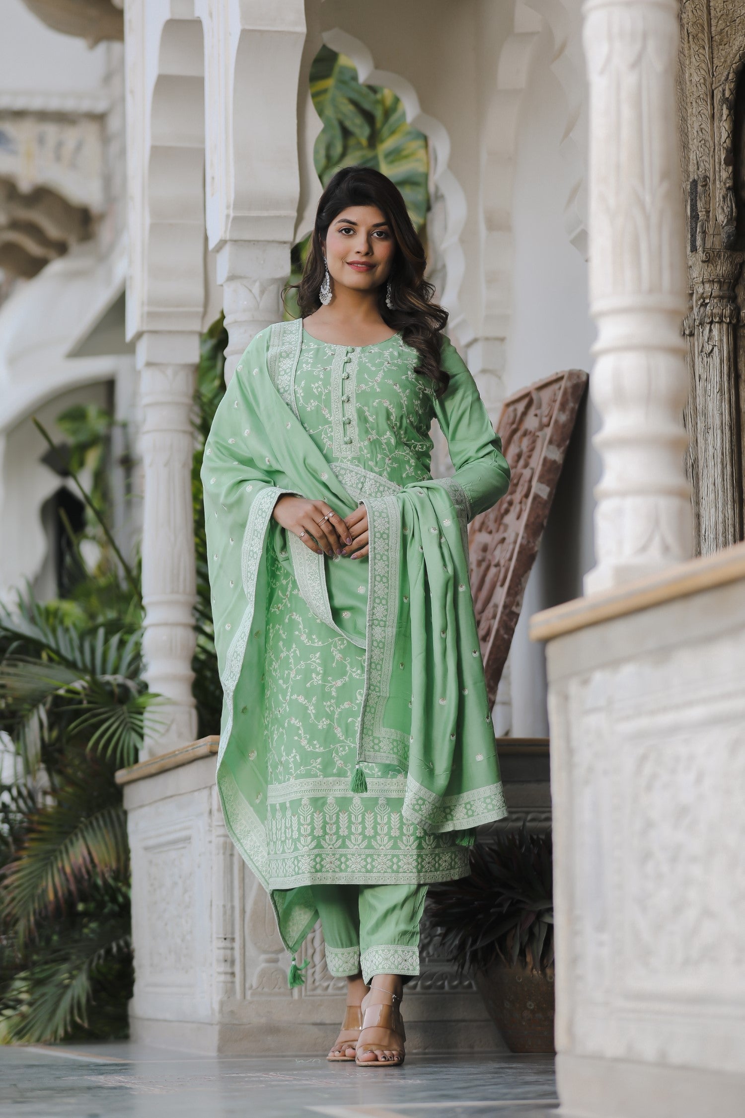 Seafom Green Banarasi Silk Kurta Set