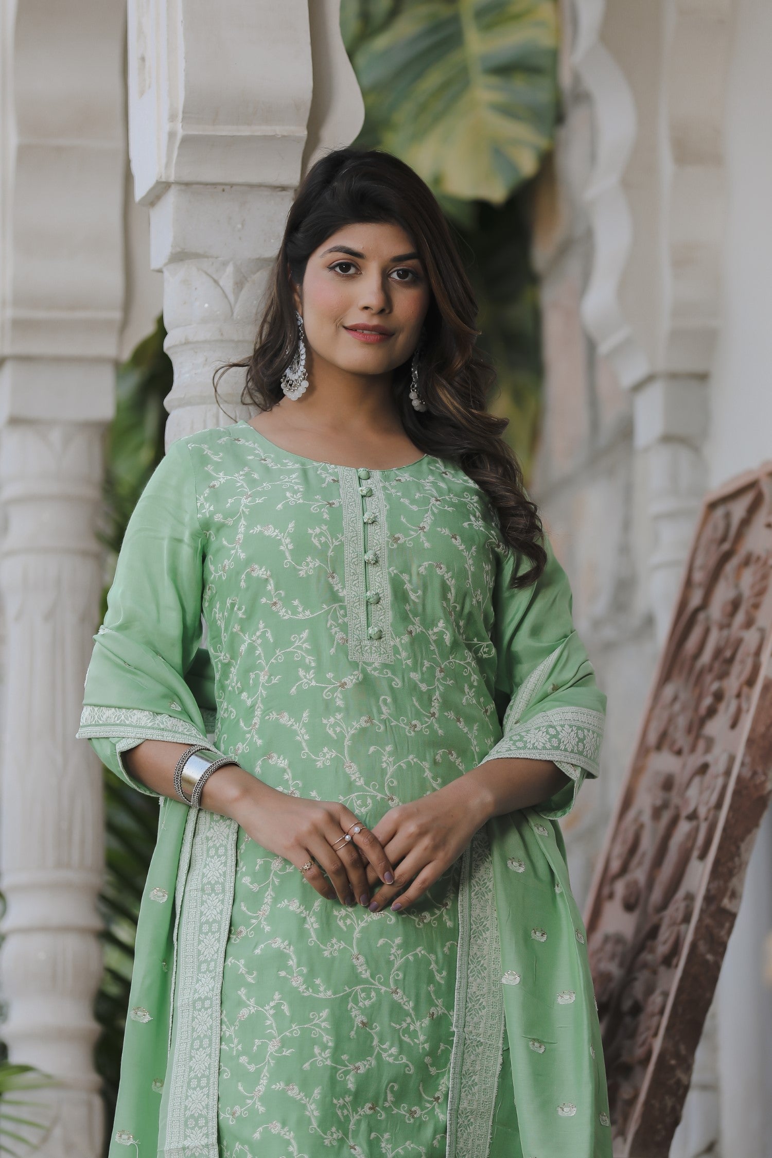 Seafom Green Banarasi Silk Kurta Set