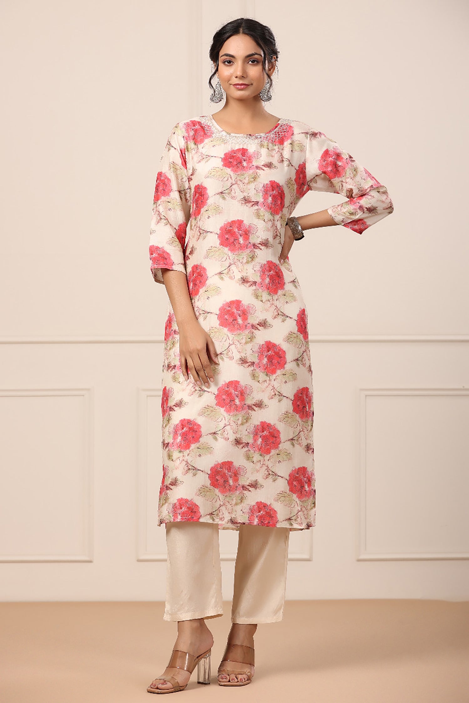 Peach Floral Print Muslin Silk Pant Set