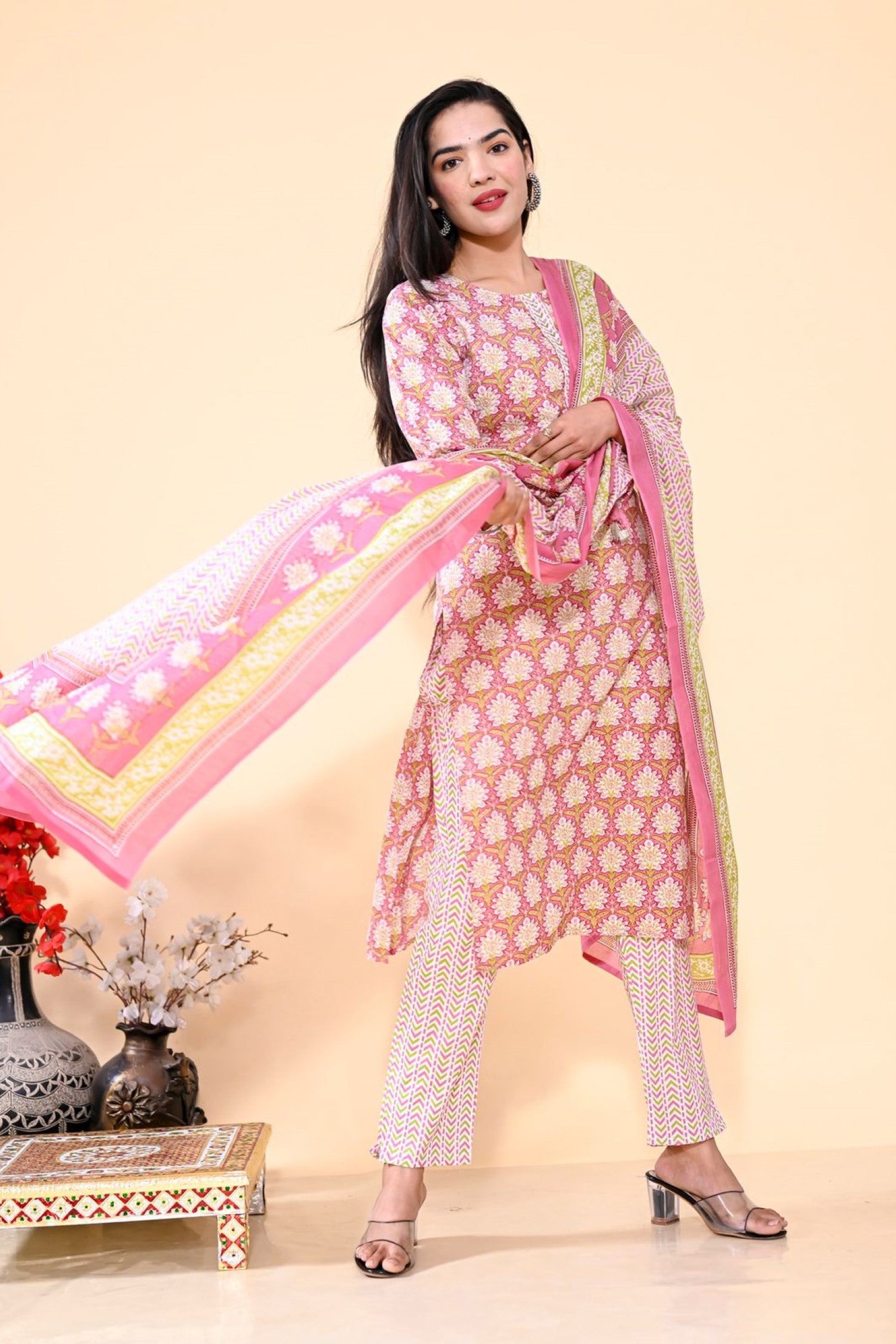 Pink Floral Pure Cotton Kurta Set