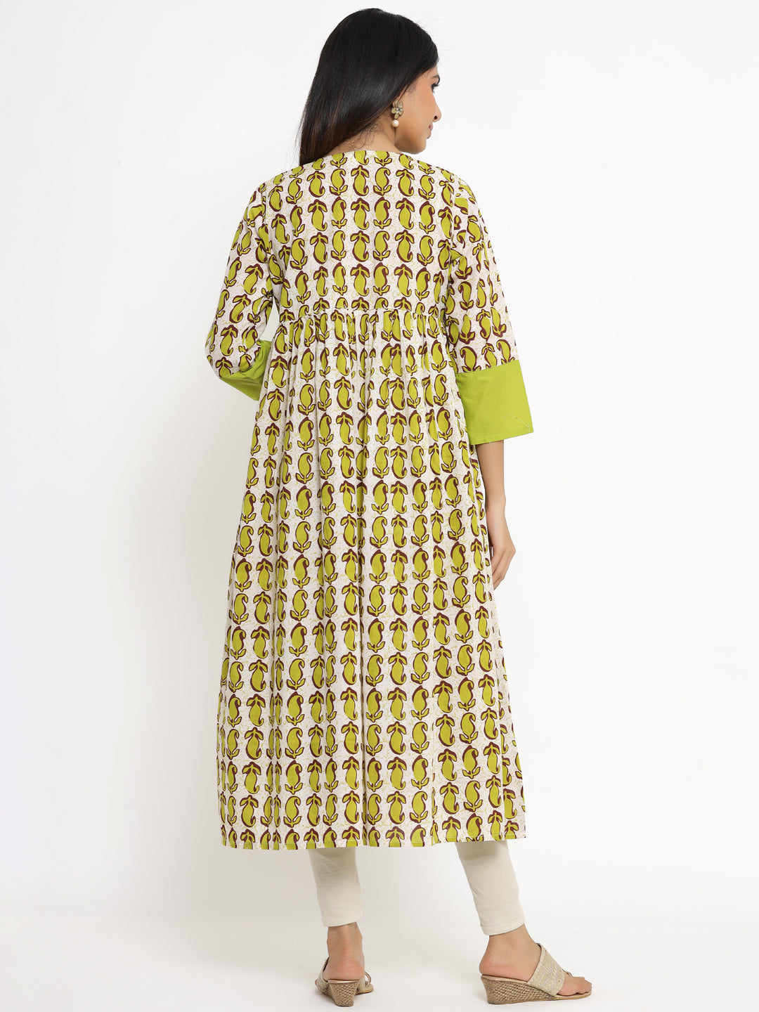 Green & Crème Printed Cotton A-Line Kurta