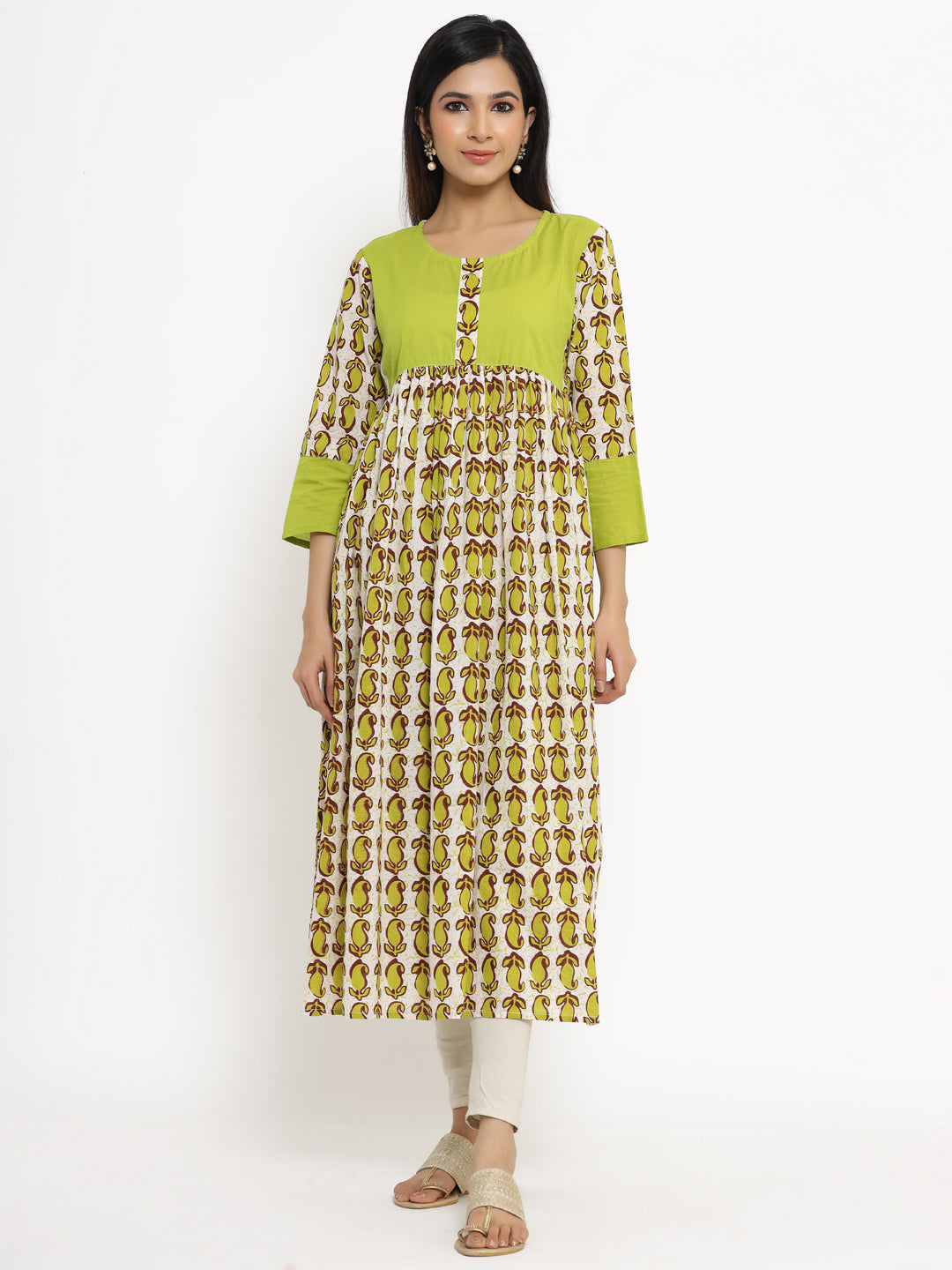 Green & Crème Printed Cotton A-Line Kurta