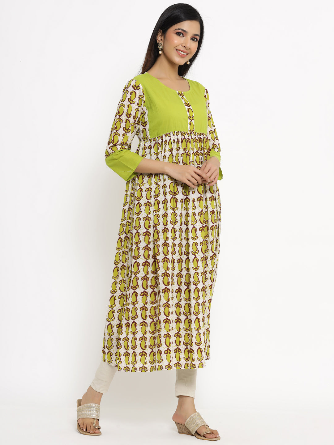 Green & Crème Printed Cotton A-Line Kurta