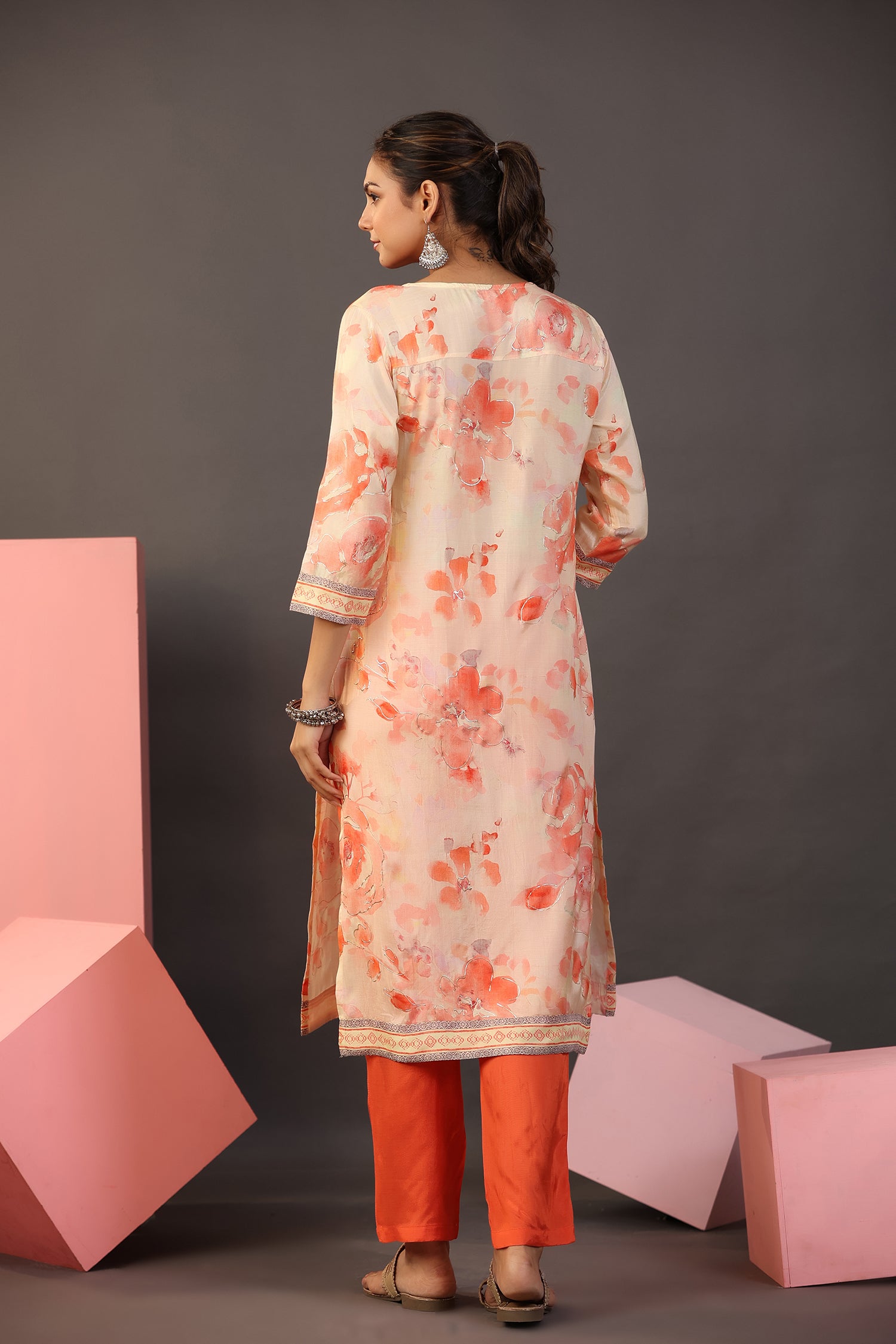 Peach Floral Print Muslin Silk Pant Set