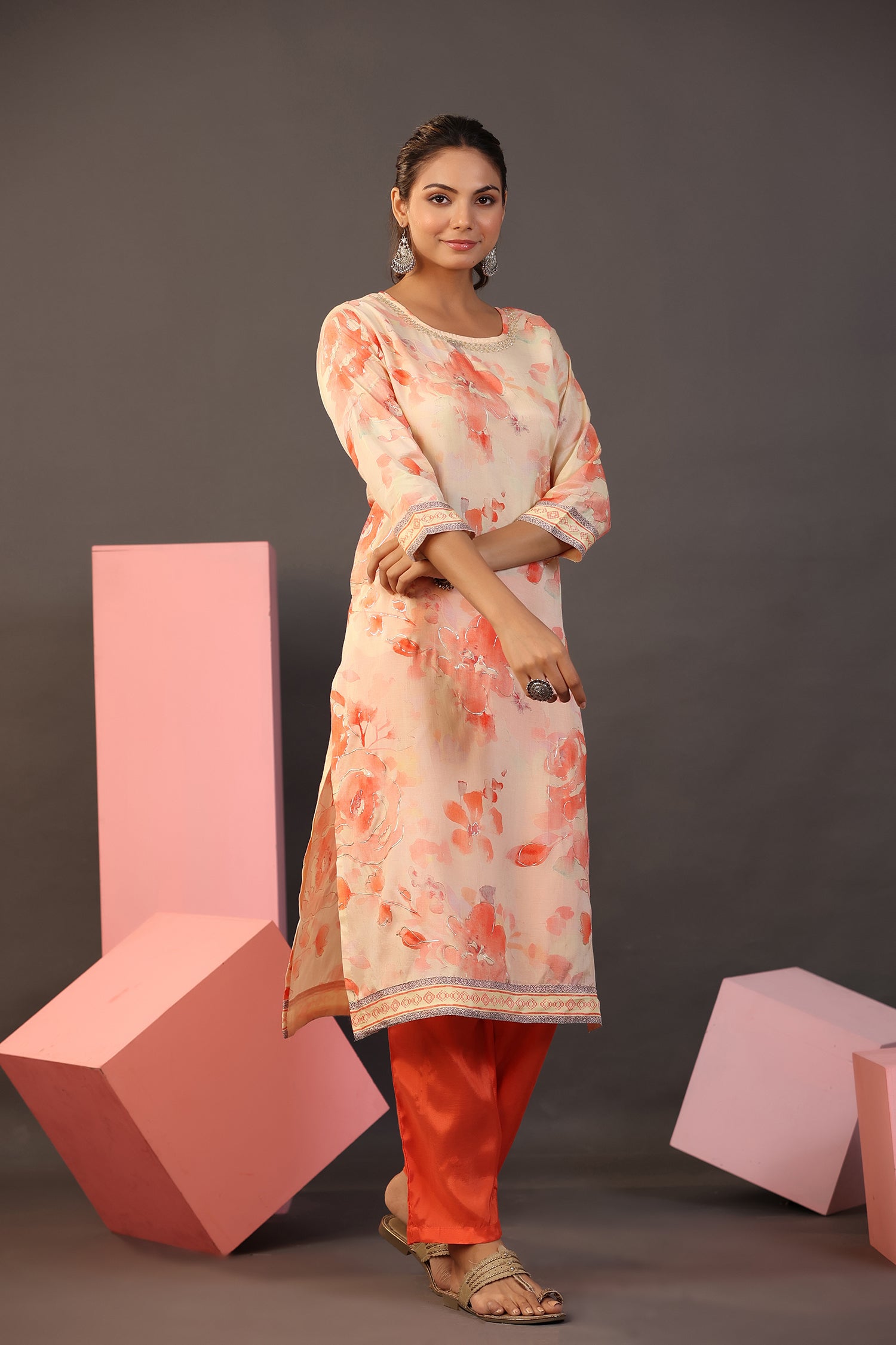 Peach Floral Print Muslin Silk Pant Set