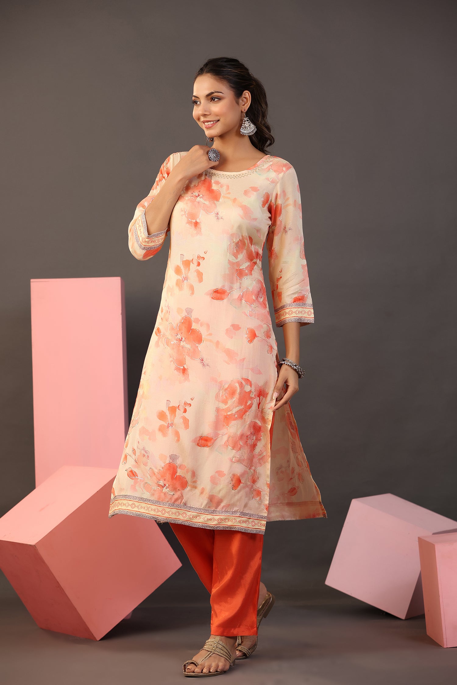 Peach Floral Print Muslin Silk Pant Set