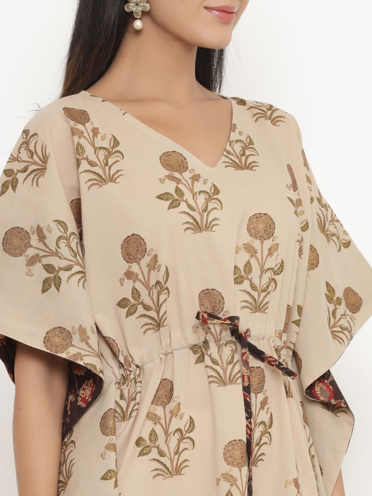 Beige Floral Printed Extended Sleeves Kaftan Kurta - Daabu Jaipur