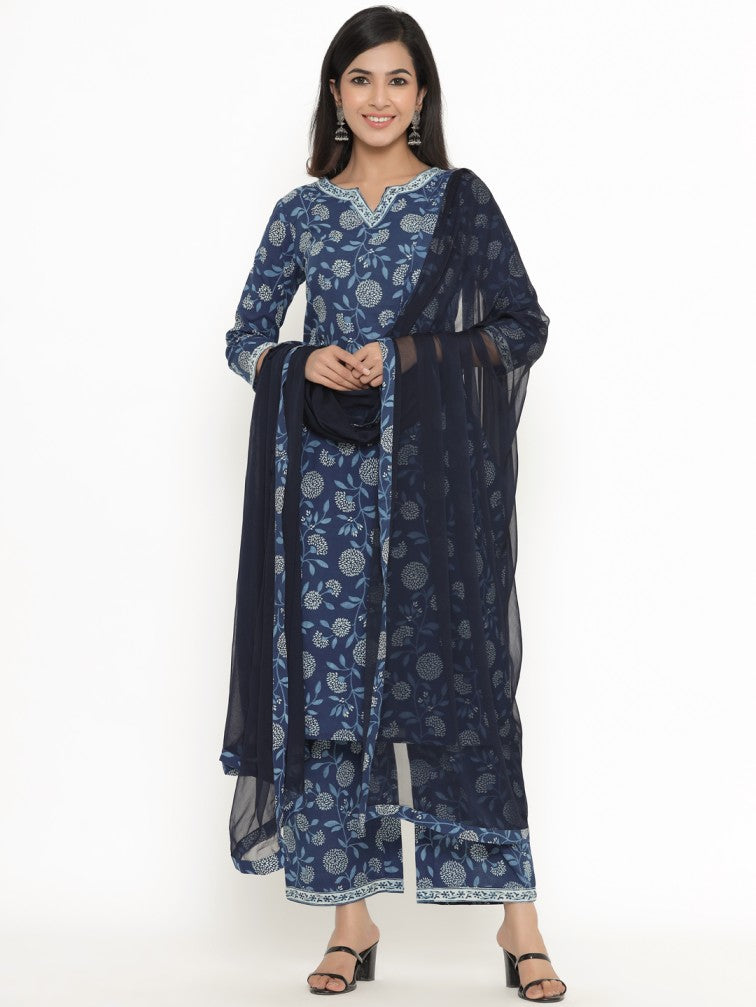 Navy Blue Floral Printed Pure Cotton Kurta With Trousers & Dupatta - Daabu Jaipur