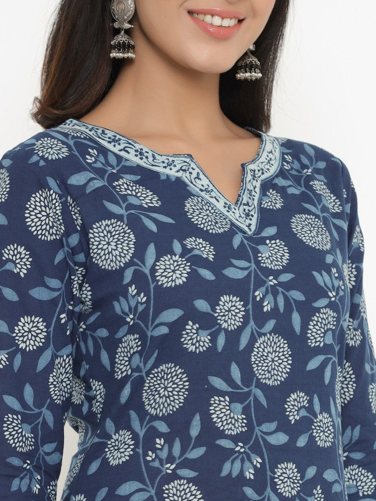 Navy Blue Floral Printed Pure Cotton Kurta With Trousers & Dupatta - Daabu Jaipur