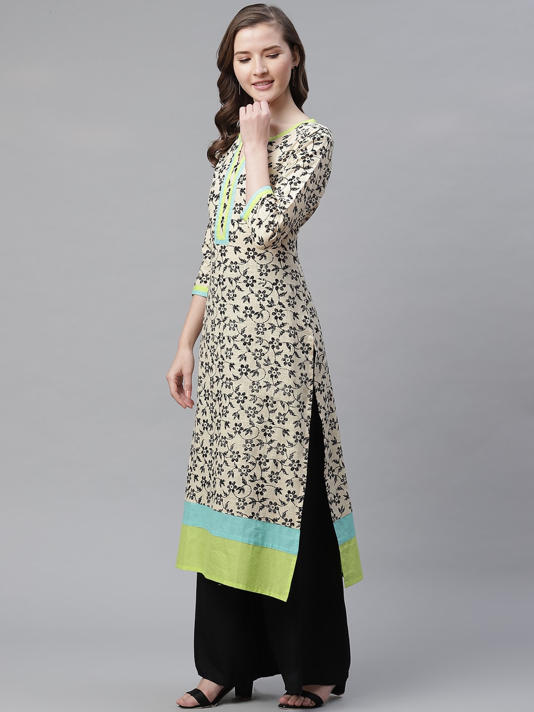 Beige & Black Floral Printed Cotton Kurta