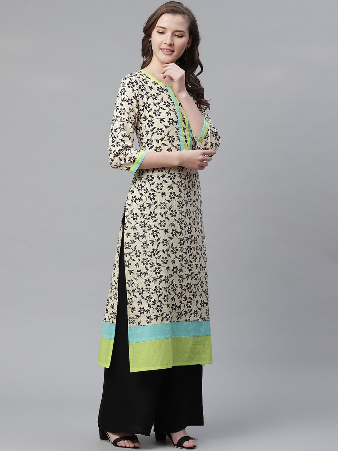 Beige & Black Floral Printed Cotton Kurta