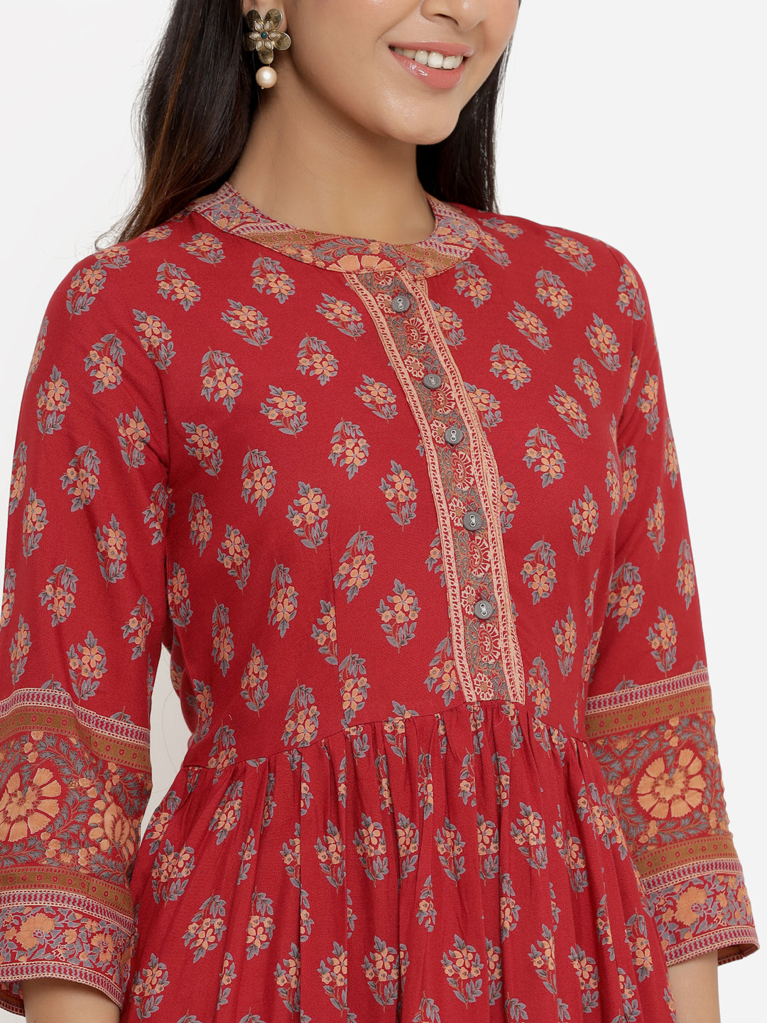 Red Printed Floral Print Viscose Rayon Anarkali