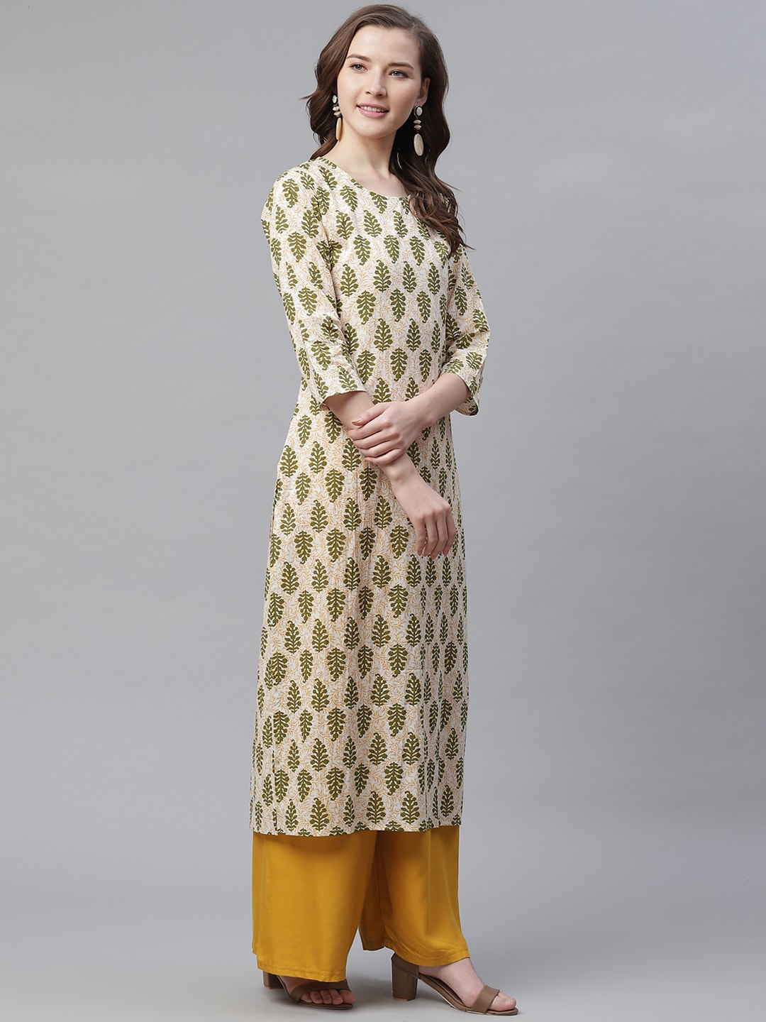 Cream Block Printed Cotton Kurta