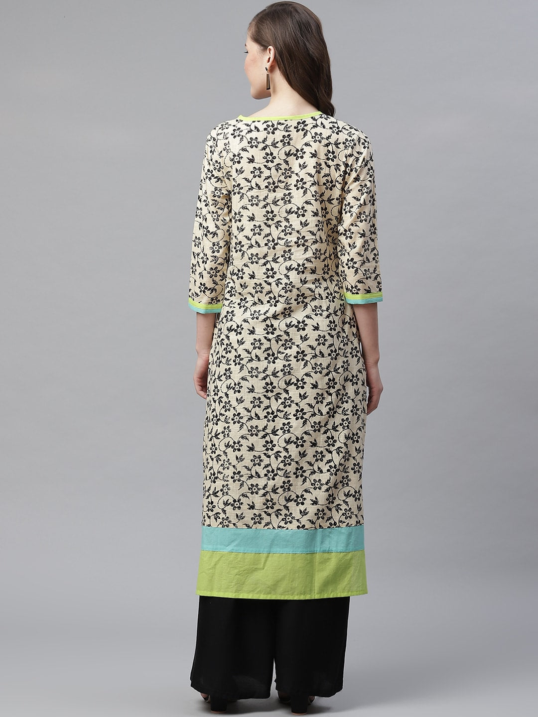 Beige & Black Floral Printed Cotton Kurta