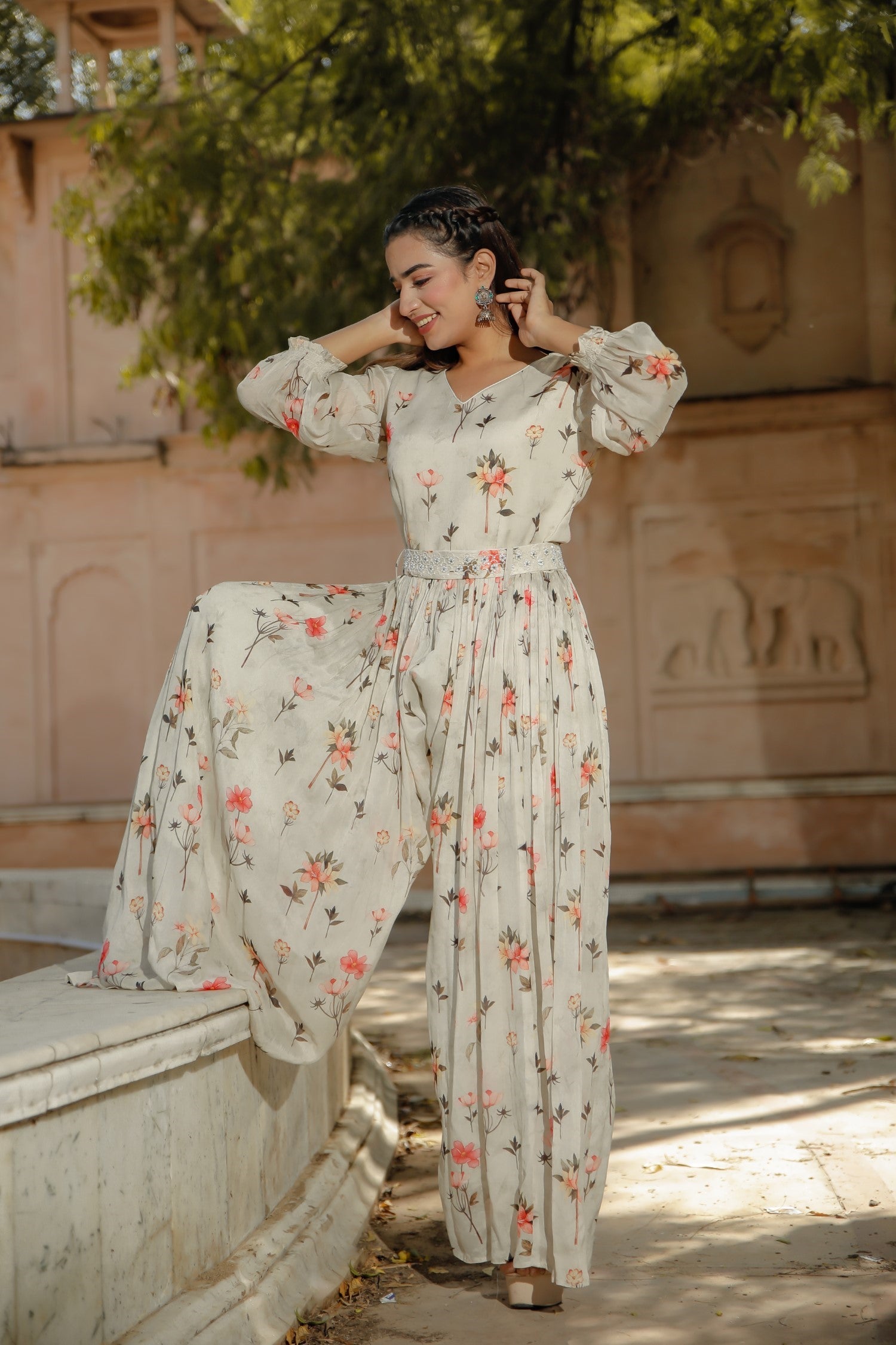 Beige Georgette Printed Jumpsuit