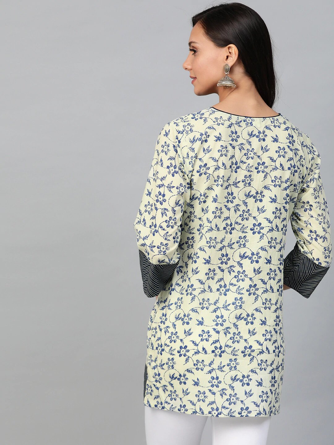 Beige & Black Floral Printed Cotton Tunic