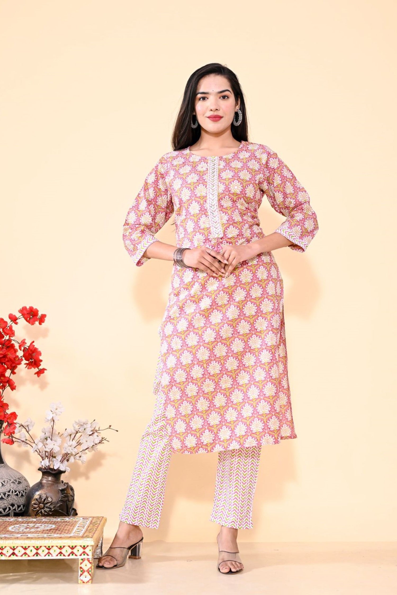 Pink Floral Pure Cotton Kurta Set