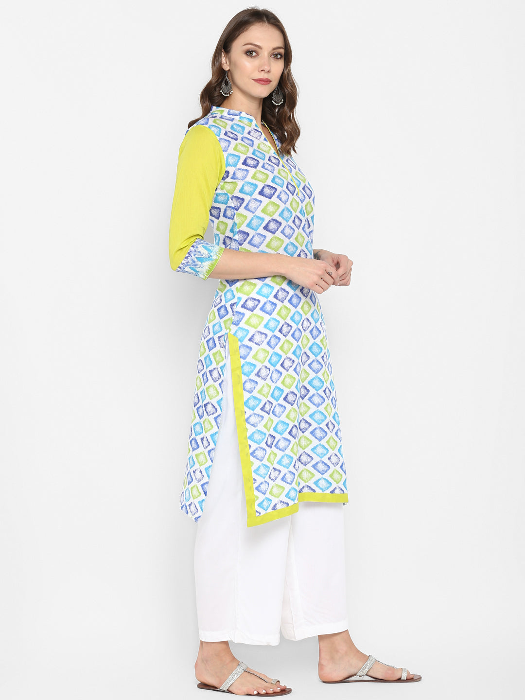 Green Geometric Printed Cotton Kurta