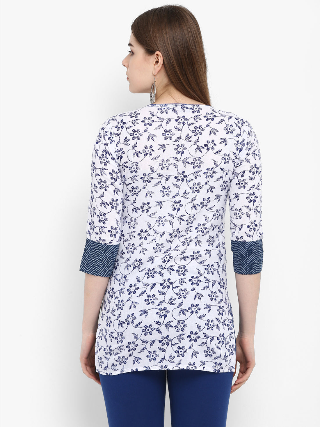 White & Blue Floral Printed Cotton Tunic