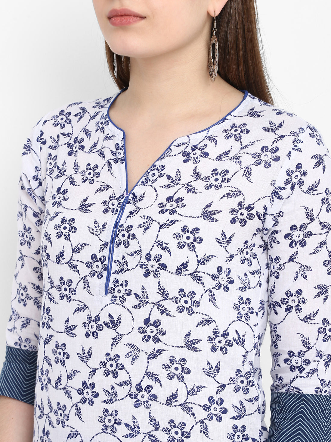 White & Blue Floral Printed Cotton Tunic