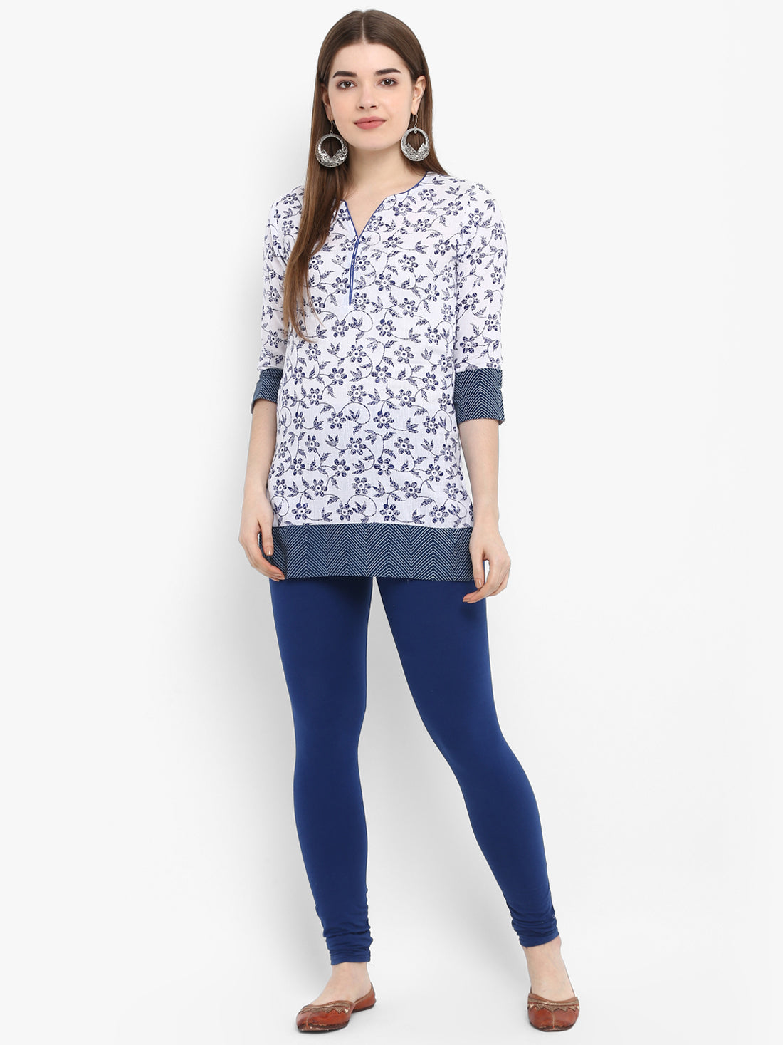 White & Blue Floral Printed Cotton Tunic