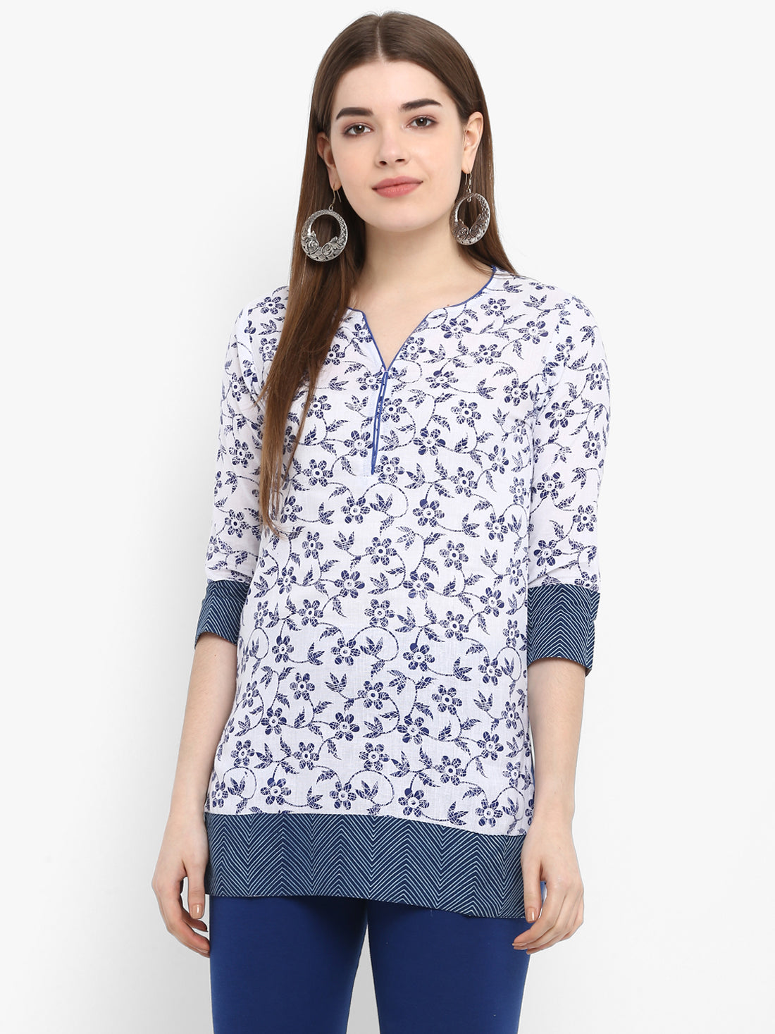 White & Blue Floral Printed Cotton Tunic