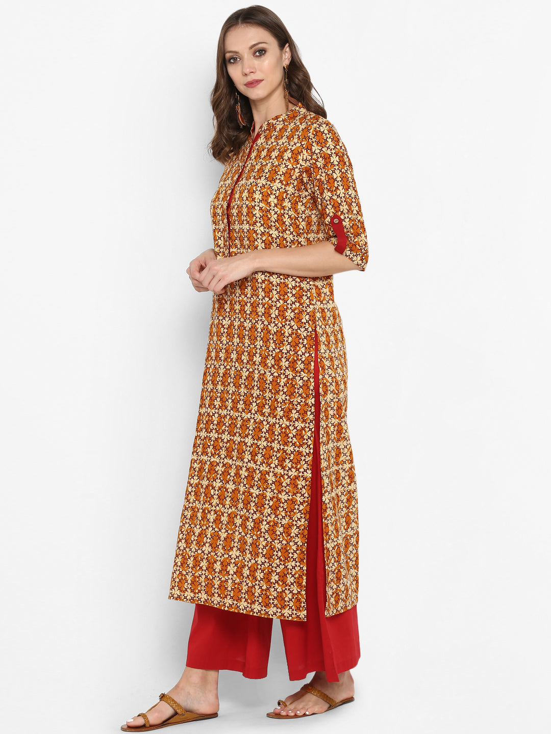 Brown Floral Printed Cotton Kurta