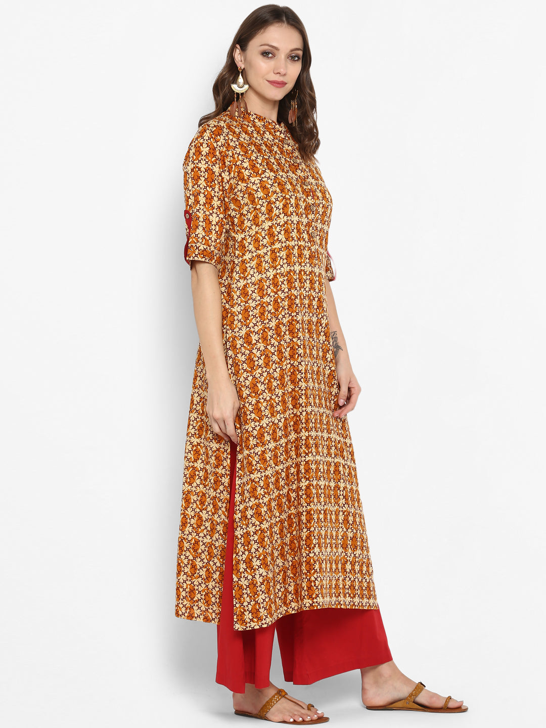 Brown Floral Printed Cotton Kurta