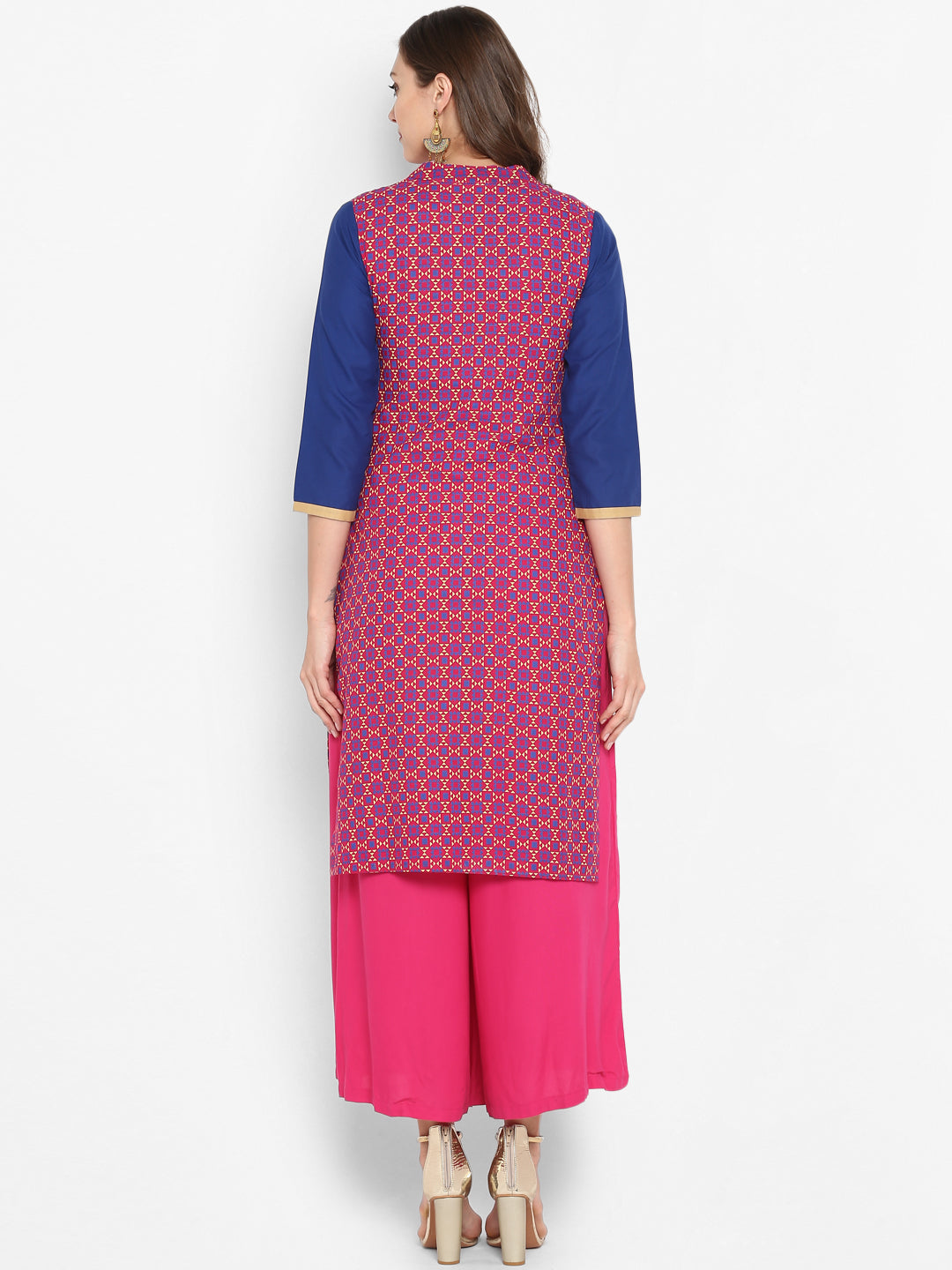 Pink & Blue Geometric Printed Cotton Kurta