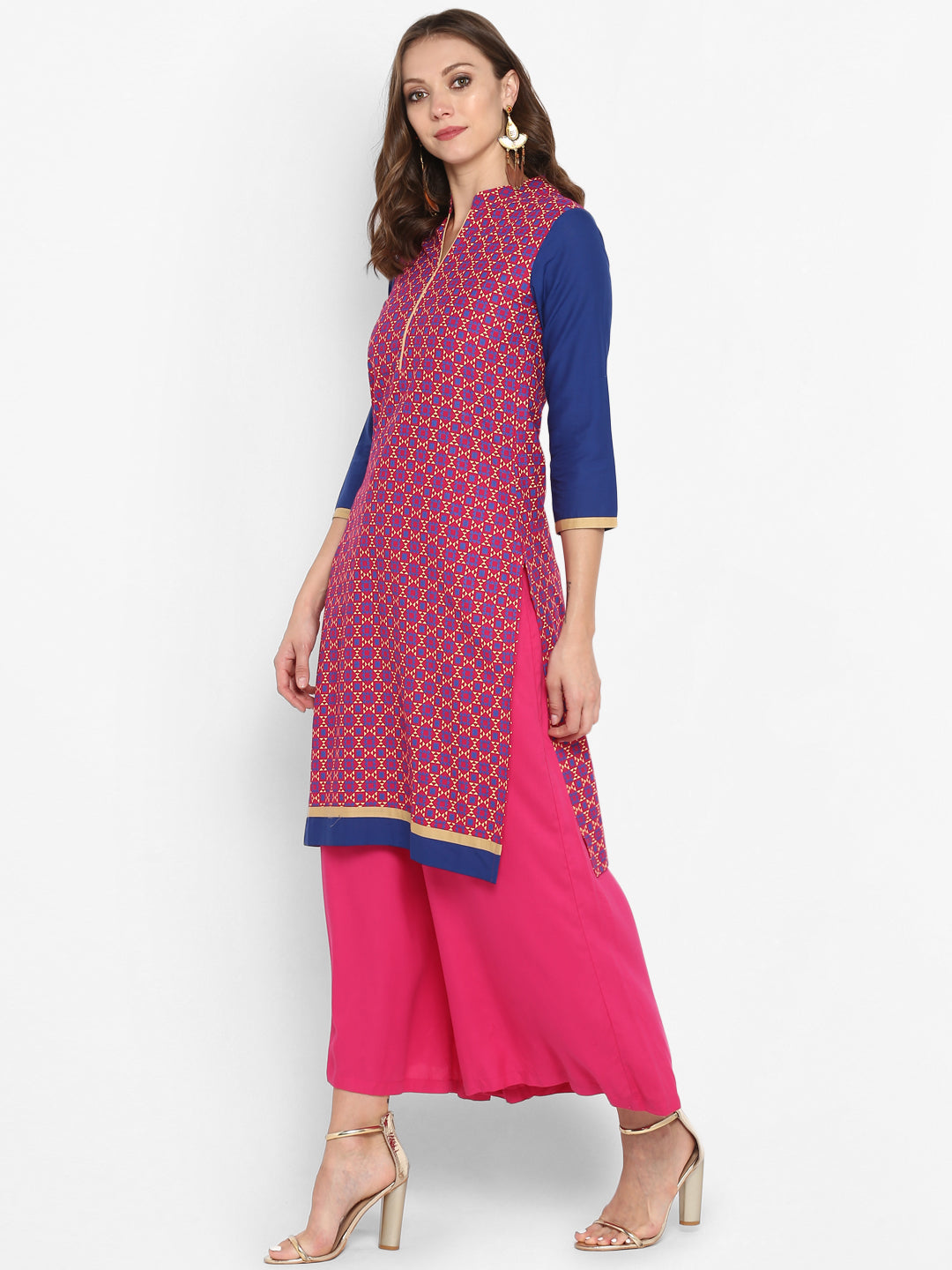 Pink & Blue Geometric Printed Cotton Kurta