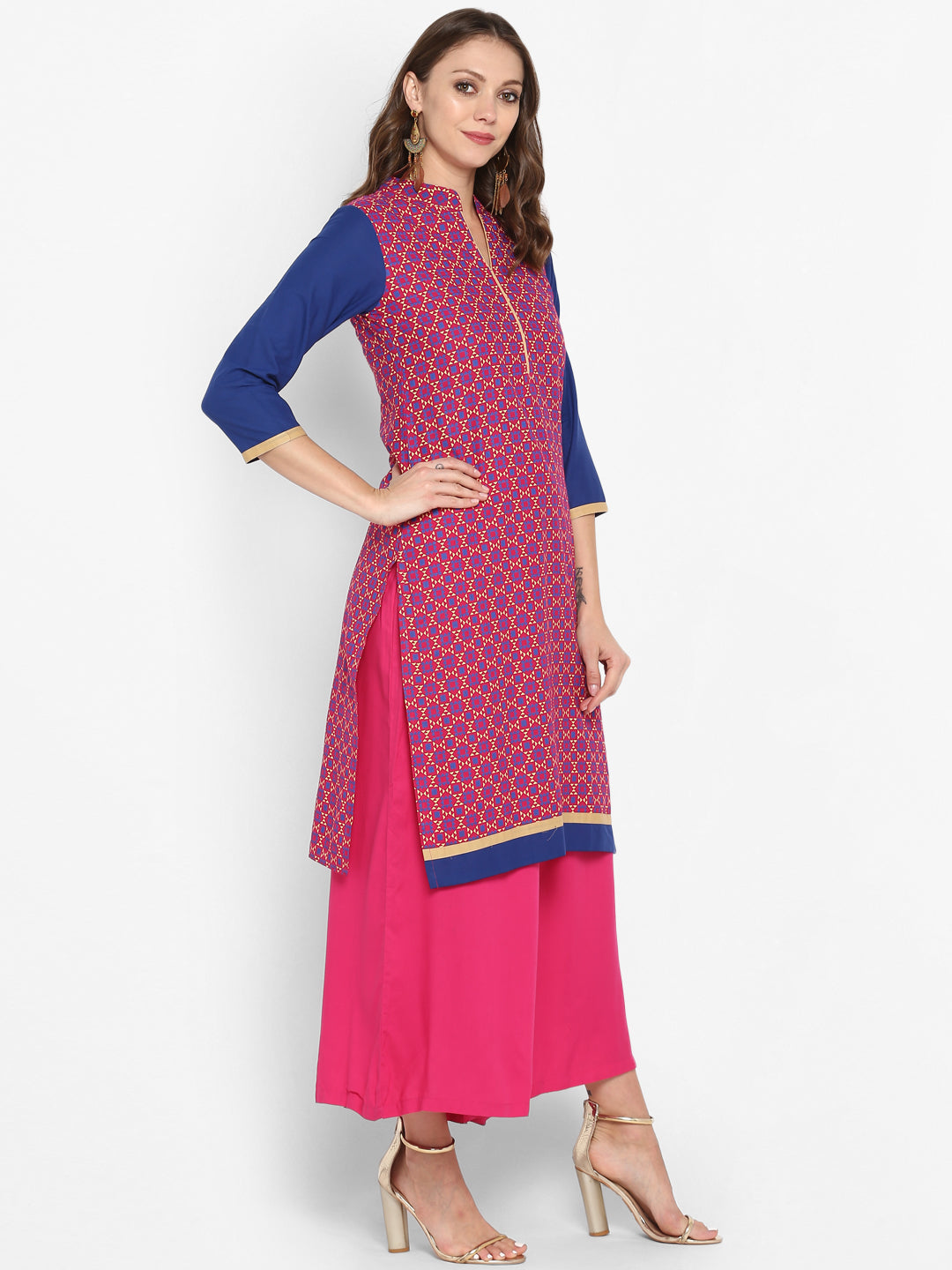 Pink & Blue Geometric Printed Cotton Kurta