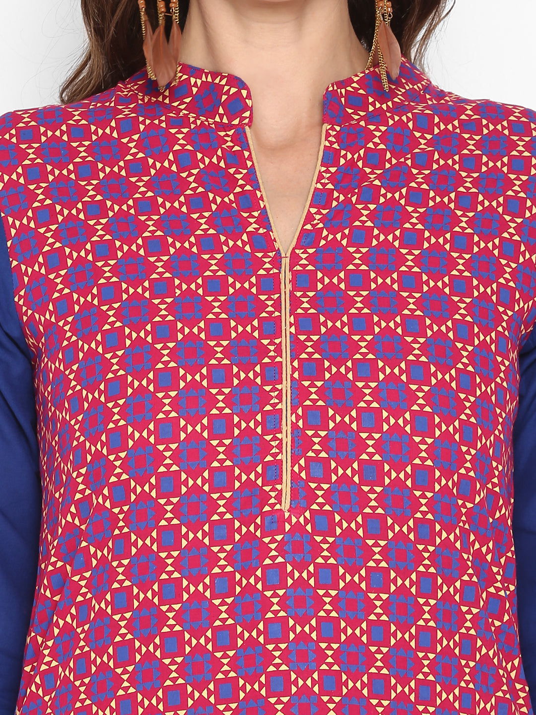 Pink & Blue Geometric Printed Cotton Kurta