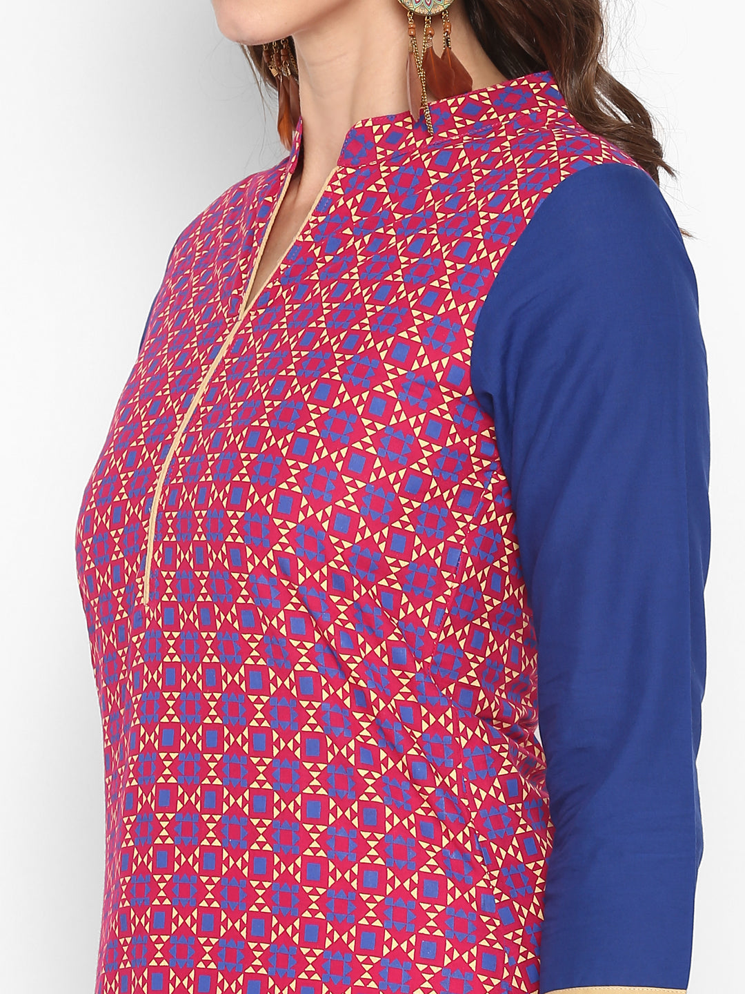 Pink & Blue Geometric Printed Cotton Kurta