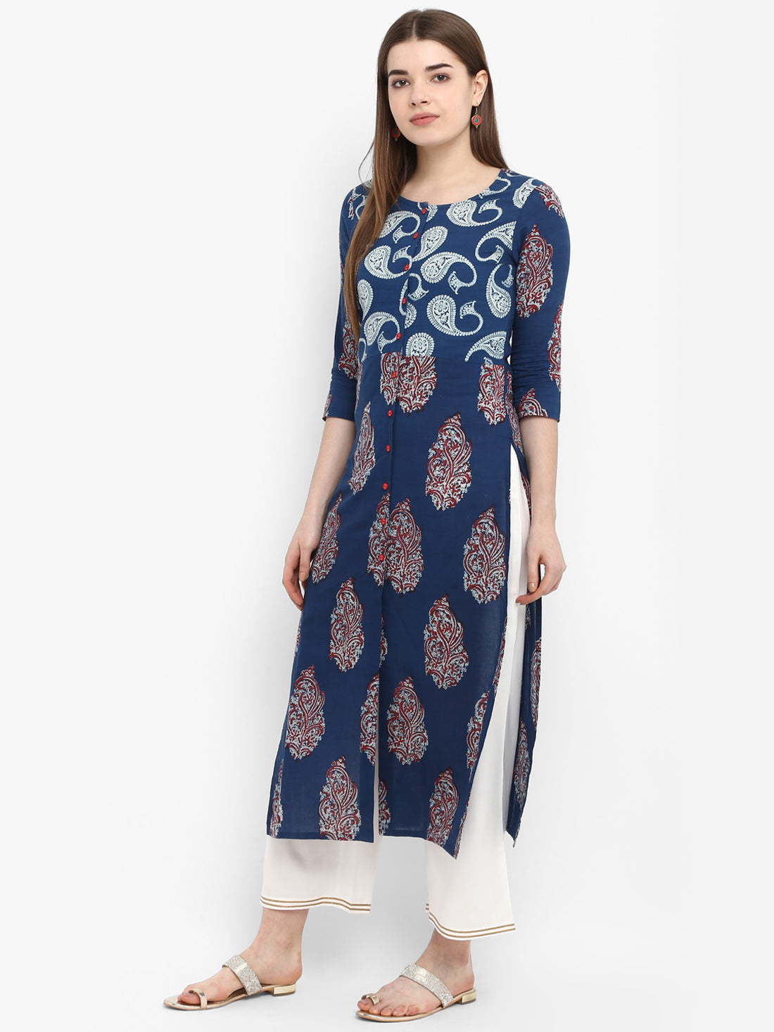 Indigo & Red Block Printed Cotton Kurta